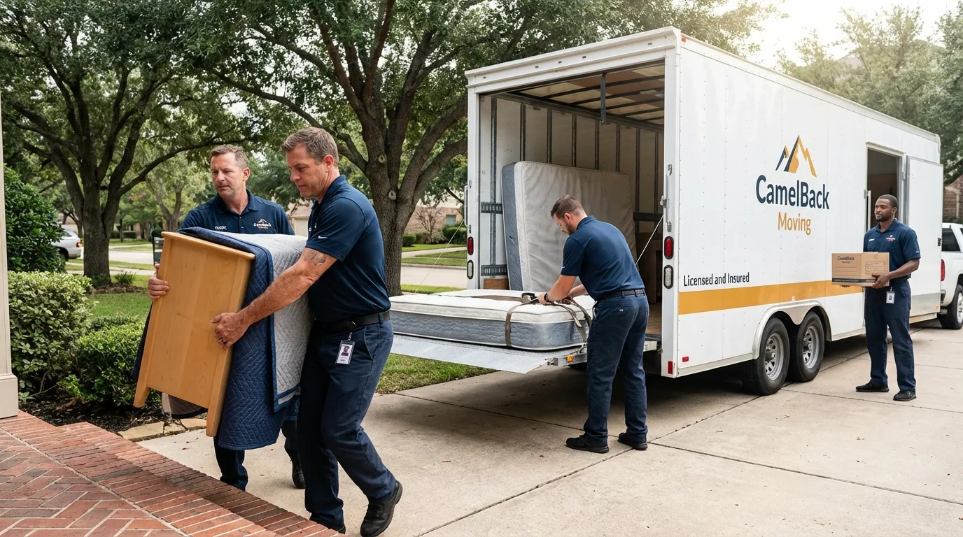 Crew loading residential truck for cross-state move from Firebaugh, CA