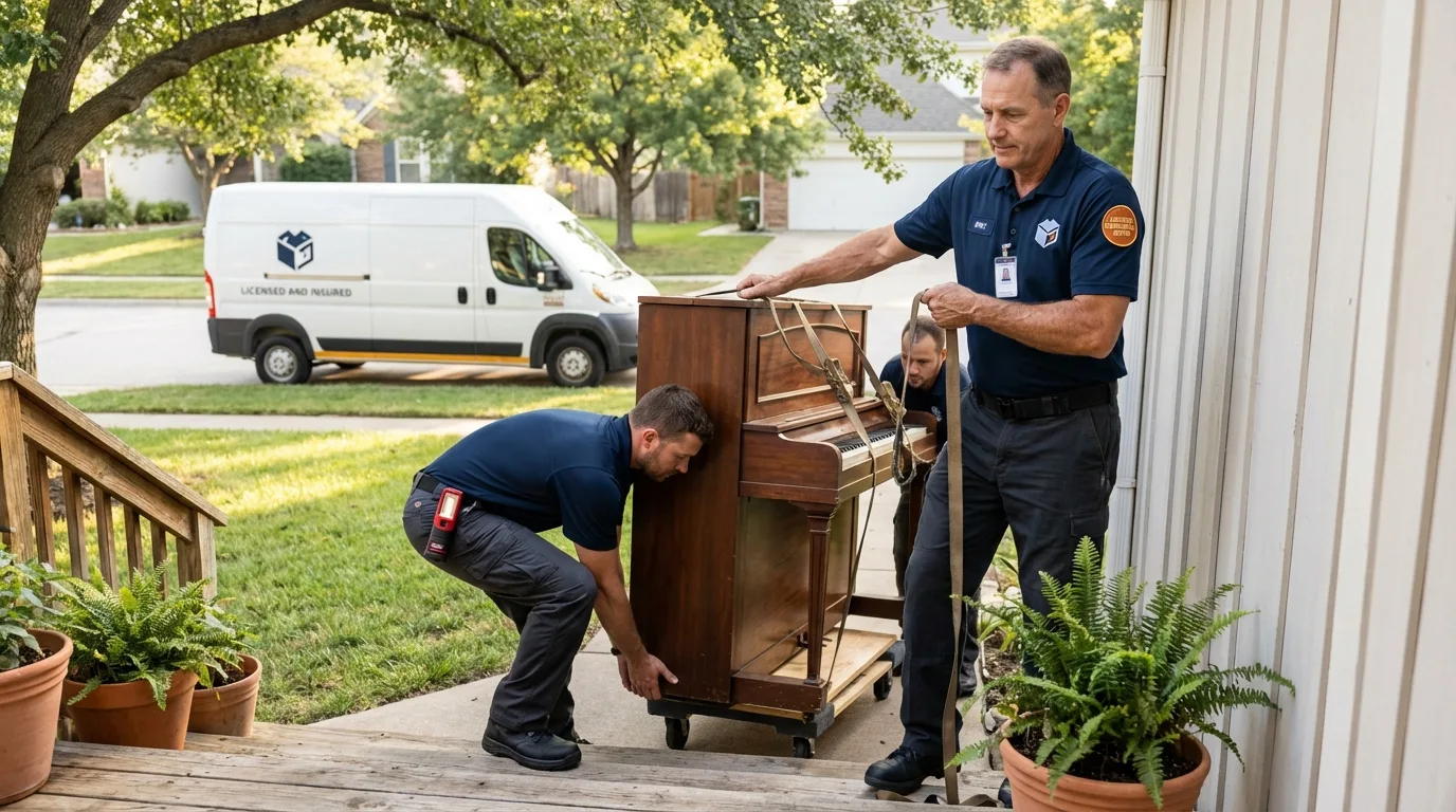 Licensed piano movers securing grand piano in Firebaugh, CA