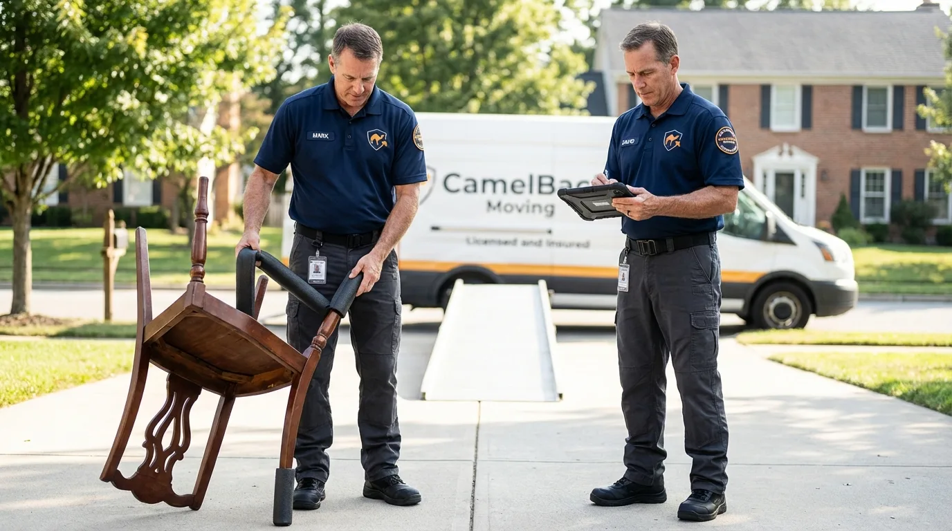 Movers inspecting furniture for damage prevention before loading in Firebaugh, CA
