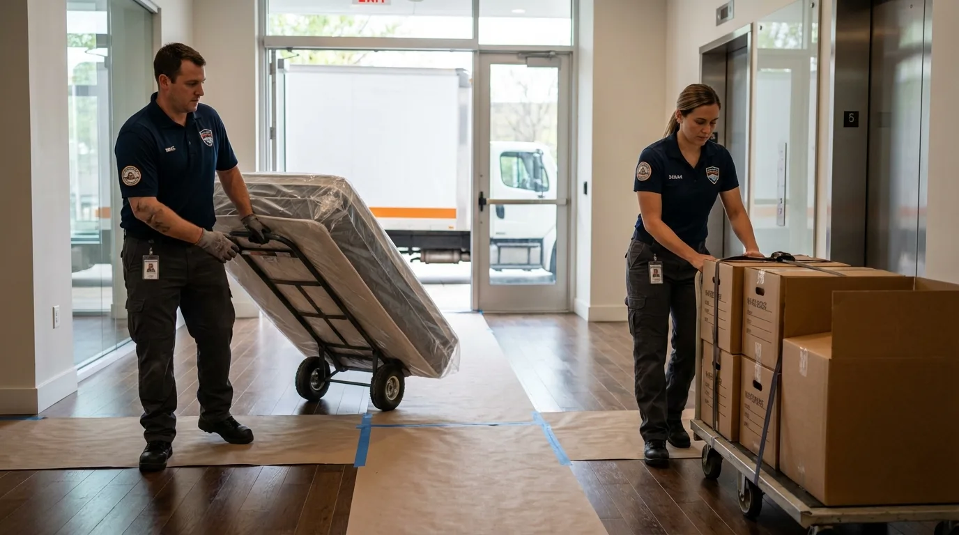 Professional apartment movers loading elevator in Firebaugh, CA