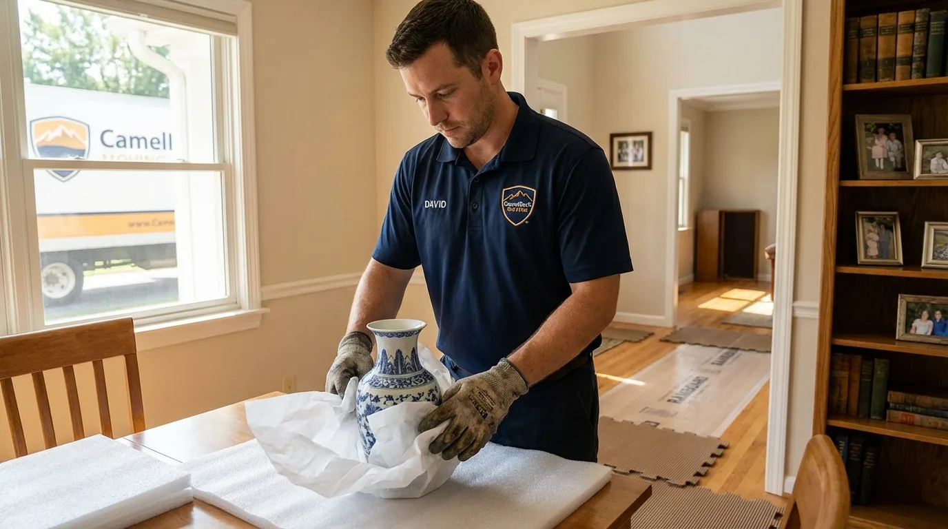 Professional crew carefully wrapping antique vase for senior downsizing move in Firebaugh, CA